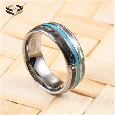 Third Party Appraisal Certified 8mm Abalone Shell Turquoise Inlay Tungsten Silver Wedding Band for Men