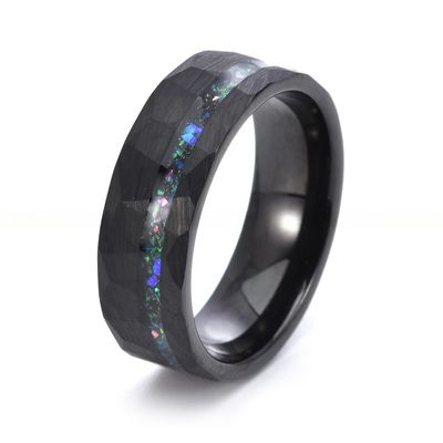 Men Faceted Black Tungsten Wedding Rings 8mm with Pearl Type Inlay Galaxy Opal Inlay