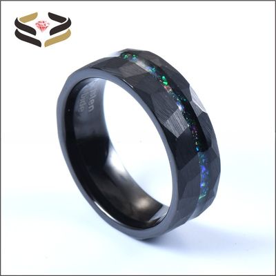 Men Faceted Black Tungsten Wedding Rings 8mm with Pearl Type Inlay Galaxy Opal Inlay