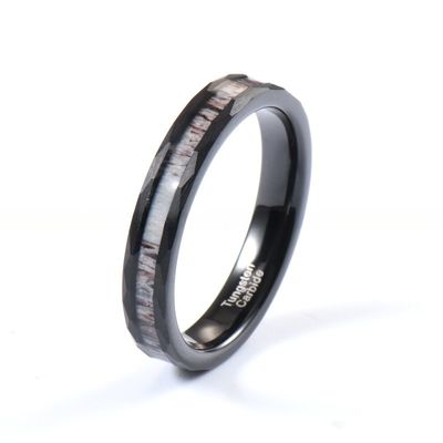 4mm Deer Antler Inlay Hammered Black Tungsten Ring for Women's Wedding Band Comfort Fit Sample Making and Religious Type