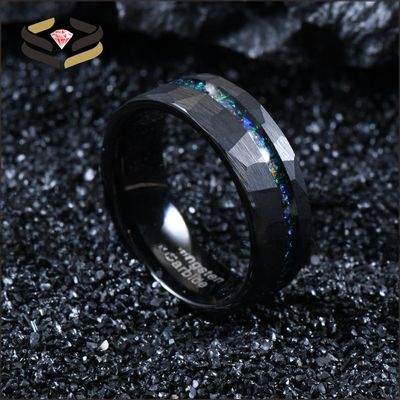 Men Faceted Black Tungsten Wedding Rings 8mm with Pearl Type Inlay Galaxy Opal Inlay