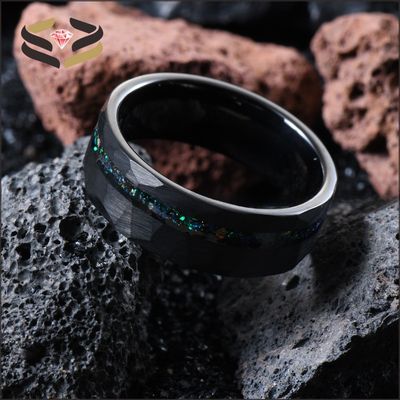 Men Faceted Black Tungsten Wedding Rings 8mm with Pearl Type Inlay Galaxy Opal Inlay