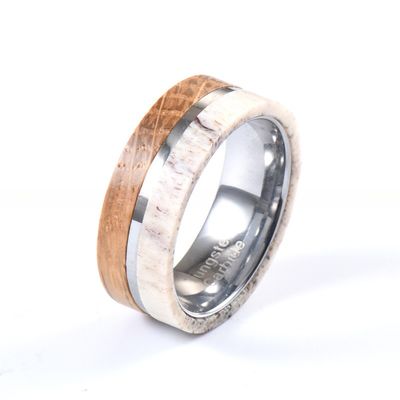 Anniversary Gift 8mm Natural Deer Antler Whiskey Barrel Wood Inlay Tungsten Carbide Ring for Men's Vintage Wedding Band