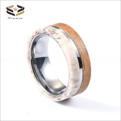 Anniversary Gift 8mm Natural Deer Antler Whiskey Barrel Wood Inlay Tungsten Carbide Ring for Men's Vintage Wedding Band