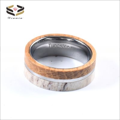 Anniversary Gift 8mm Natural Deer Antler Whiskey Barrel Wood Inlay Tungsten Carbide Ring for Men's Vintage Wedding Band