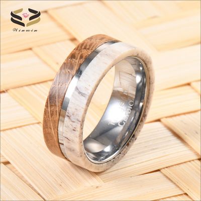 Anniversary Gift 8mm Natural Deer Antler Whiskey Barrel Wood Inlay Tungsten Carbide Ring for Men's Vintage Wedding Band