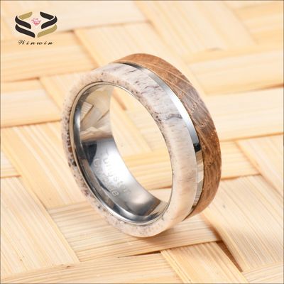 Anniversary Gift 8mm Natural Deer Antler Whiskey Barrel Wood Inlay Tungsten Carbide Ring for Men's Vintage Wedding Band