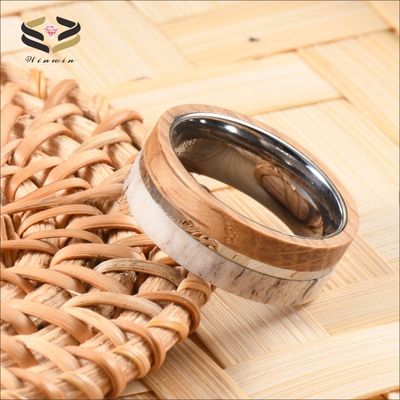 Anniversary Gift 8mm Natural Deer Antler Whiskey Barrel Wood Inlay Tungsten Carbide Ring for Men's Vintage Wedding Band