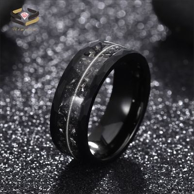 Mens Black Tungsten Meteorite Inlay Wedding Band 8mm With Geometric Diamond Shape And Guitar String Design