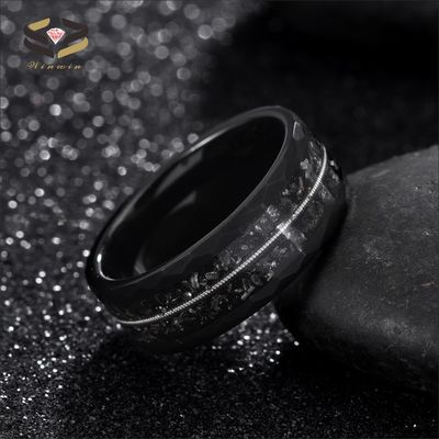 Mens Black Tungsten Meteorite Inlay Wedding Band 8mm With Geometric Diamond Shape And Guitar String Design