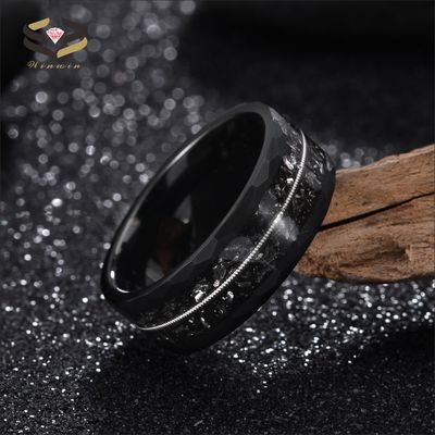 Mens Black Tungsten Meteorite Inlay Wedding Band 8mm With Geometric Diamond Shape And Guitar String Design