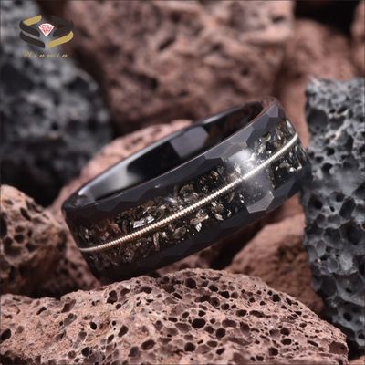 Mens Black Tungsten Meteorite Inlay Wedding Band 8mm With Geometric Diamond Shape And Guitar String Design