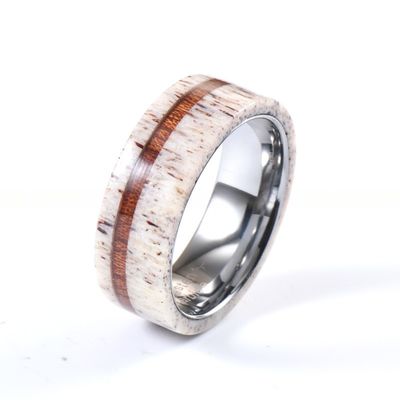 Geometric 8mm Antler Wedding Band With Koa Wood Men's Tungsten Wedding Band Ideal Gift for Special Occasions