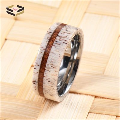 Geometric 8mm Antler Wedding Band With Koa Wood Men's Tungsten Wedding Band Ideal Gift for Special Occasions