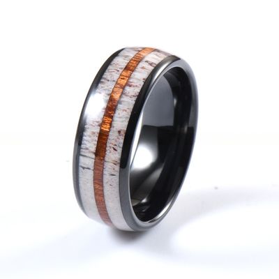Stunning Men's Wedding Band with Antler and Koa Wood Inlay Comfort Fit 8mm Black Tungsten