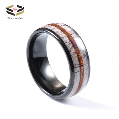 Stunning Men's Wedding Band with Antler and Koa Wood Inlay Comfort Fit 8mm Black Tungsten