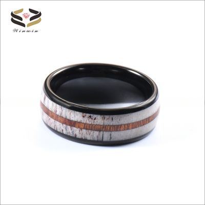 Stunning Men's Wedding Band with Antler and Koa Wood Inlay Comfort Fit 8mm Black Tungsten