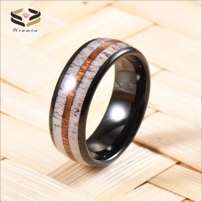 Stunning Men's Wedding Band with Antler and Koa Wood Inlay Comfort Fit 8mm Black Tungsten