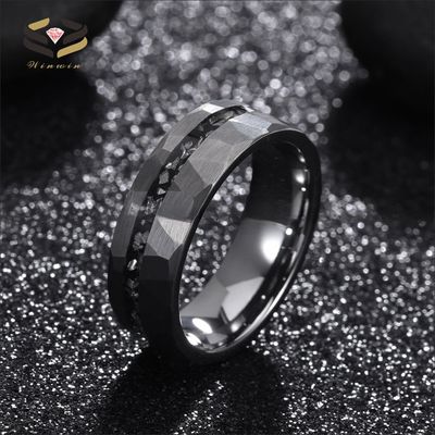 Fashion Jewelry Rings 8mm Silver Black Hammered Brushed Tungsten Ring with Meteorite Shaving Inlay Men's Wedding Band