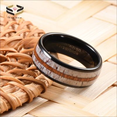 Stunning Men's Wedding Band with Antler and Koa Wood Inlay Comfort Fit 8mm Black Tungsten