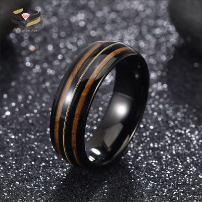 High Polished Finish Black Tungsten Carbide Ring with Whiskey Barrel Wood Gold Guitar String Inlay TRENDY Geometric Shape