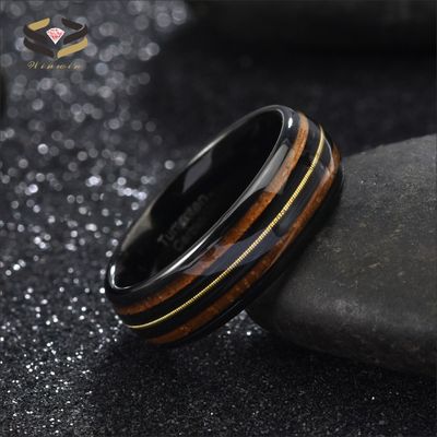 High Polished Finish Black Tungsten Carbide Ring with Whiskey Barrel Wood Gold Guitar String Inlay TRENDY Geometric Shape