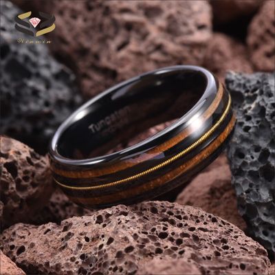 High Polished Finish Black Tungsten Carbide Ring with Whiskey Barrel Wood Gold Guitar String Inlay TRENDY Geometric Shape