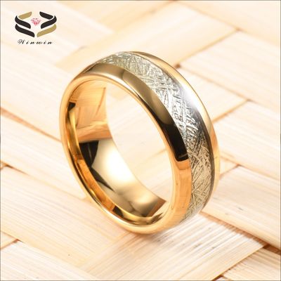 8mm Gold Tungsten Carbide Ring with Meteorite Inlay Sophisticated Addition to Religious Wedding Bands
