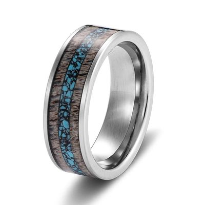 Mens Flat Silver Tungsten Wedding Bands 8mm Inlaid With Turquoise And Nature Antler