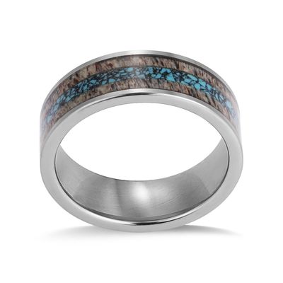 Mens Flat Silver Tungsten Wedding Bands 8mm Inlaid With Turquoise And Nature Antler