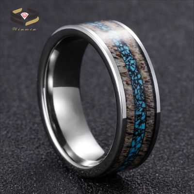 Mens Flat Silver Tungsten Wedding Bands 8mm Inlaid With Turquoise And Nature Antler
