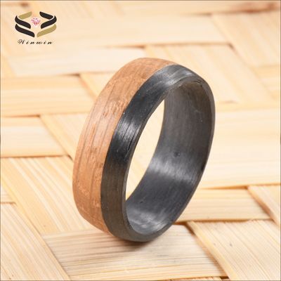 Wedding Dome Black Carbon Fiber Ring Natural Charred Whiskey Barrel Wood Inlayed For Men