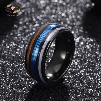 8mm Black Deer Antler Tungsten Ring Inlayed With Blue Fishing And Whiskey Barrel Wood Men'S Wedding Band