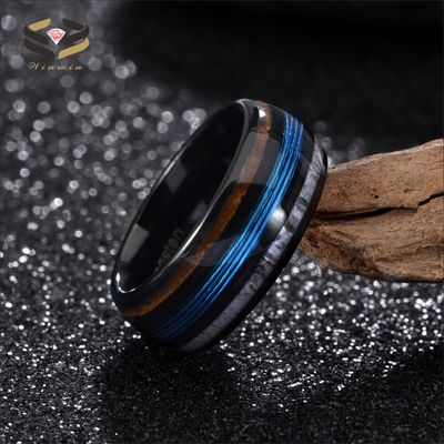 8mm Black Deer Antler Tungsten Ring Inlayed With Blue Fishing And Whiskey Barrel Wood Men'S Wedding Band