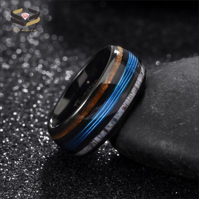 8mm Black Deer Antler Tungsten Ring Inlayed With Blue Fishing And Whiskey Barrel Wood Men'S Wedding Band