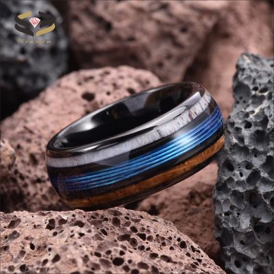 8mm Black Deer Antler Tungsten Ring Inlayed With Blue Fishing And Whiskey Barrel Wood Men'S Wedding Band