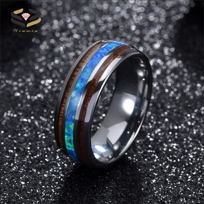 Silver Black Tungsten Carbide Wedding Ring 8mm With Koa Wood And Blue Opal Inlay