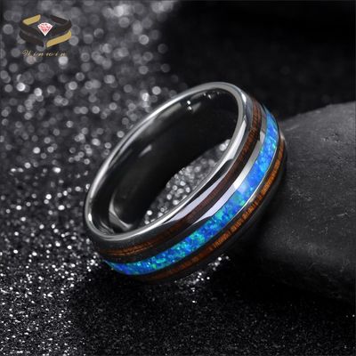 Silver Black Tungsten Carbide Wedding Ring 8mm With Koa Wood And Blue Opal Inlay