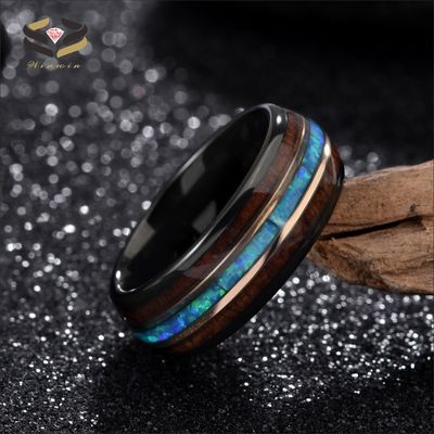 Silver Black Tungsten Carbide Wedding Ring 8mm With Koa Wood And Blue Opal Inlay