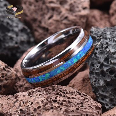 Silver Black Tungsten Carbide Wedding Ring 8mm With Koa Wood And Blue Opal Inlay