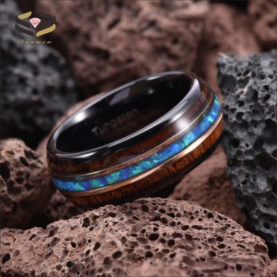 Silver Black Tungsten Carbide Wedding Ring 8mm With Koa Wood And Blue Opal Inlay
