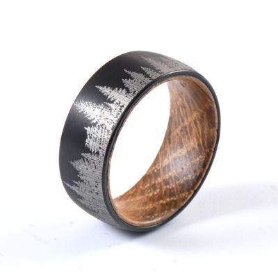 8mm Black Plated Tungsten Ring with Whiskey Barrel Wood and Gold Ebony Inner Ring Geometric Wedding Bands or Rings