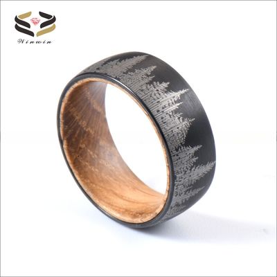 8mm Black Plated Tungsten Ring with Whiskey Barrel Wood and Gold Ebony Inner Ring Geometric Wedding Bands or Rings
