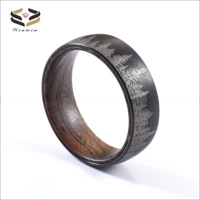 8mm Black Plated Tungsten Ring with Whiskey Barrel Wood and Gold Ebony Inner Ring Geometric Wedding Bands or Rings