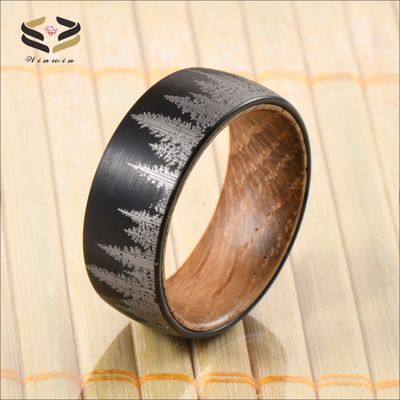 8mm Black Plated Tungsten Ring with Whiskey Barrel Wood and Gold Ebony Inner Ring Geometric Wedding Bands or Rings