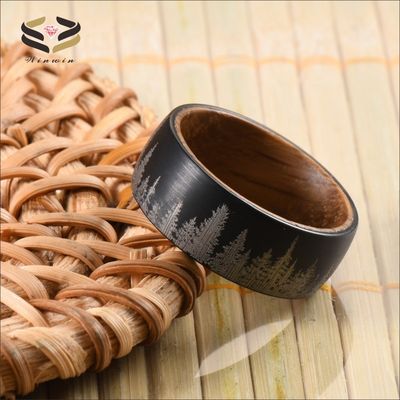 8mm Black Plated Tungsten Ring with Whiskey Barrel Wood and Gold Ebony Inner Ring Geometric Wedding Bands or Rings