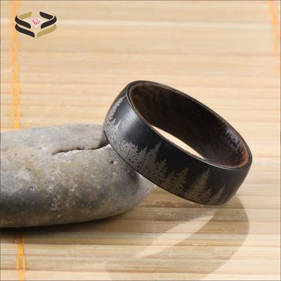 8mm Black Plated Tungsten Ring with Whiskey Barrel Wood and Gold Ebony Inner Ring Geometric Wedding Bands or Rings