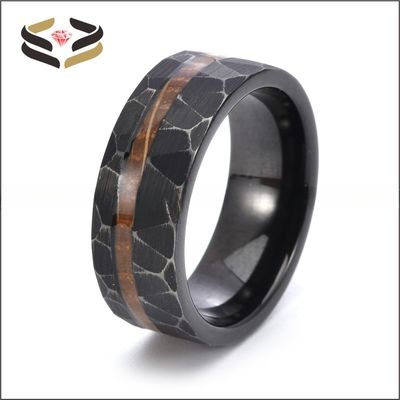 Black Tungsten Carbide Ring With Offset Groove Whiskey Barrel Wood Stone Deer Antler Inlay