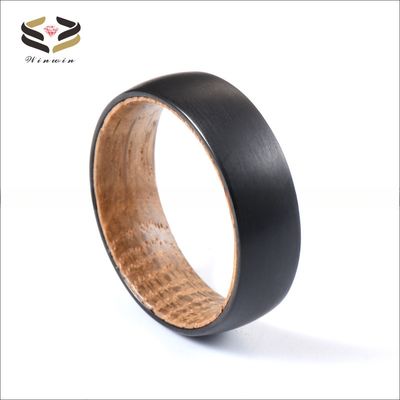 Geometric Pattern 8mm Black Brushed Tungsten Carbide Ring with Whiskey Barrel Wood Inlay Exquisite Wedding Band