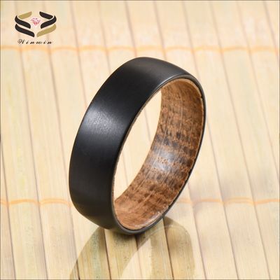 Geometric Pattern 8mm Black Brushed Tungsten Carbide Ring with Whiskey Barrel Wood Inlay Exquisite Wedding Band